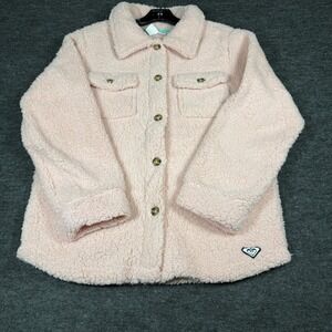 ROXY Girl Teddy Fleece Sherpa Shacket Jacket Pink‎ Button Front Pockets Size L